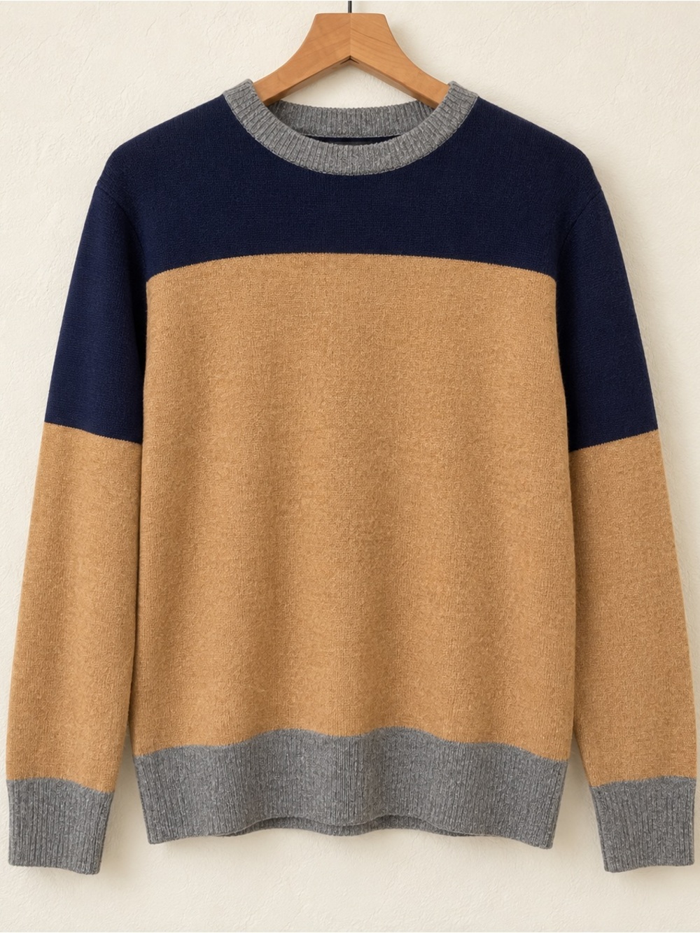 J-Crew Merino Wool Blend Men's Colorblock Crewneck Sweater - Navy, Camel & Gray